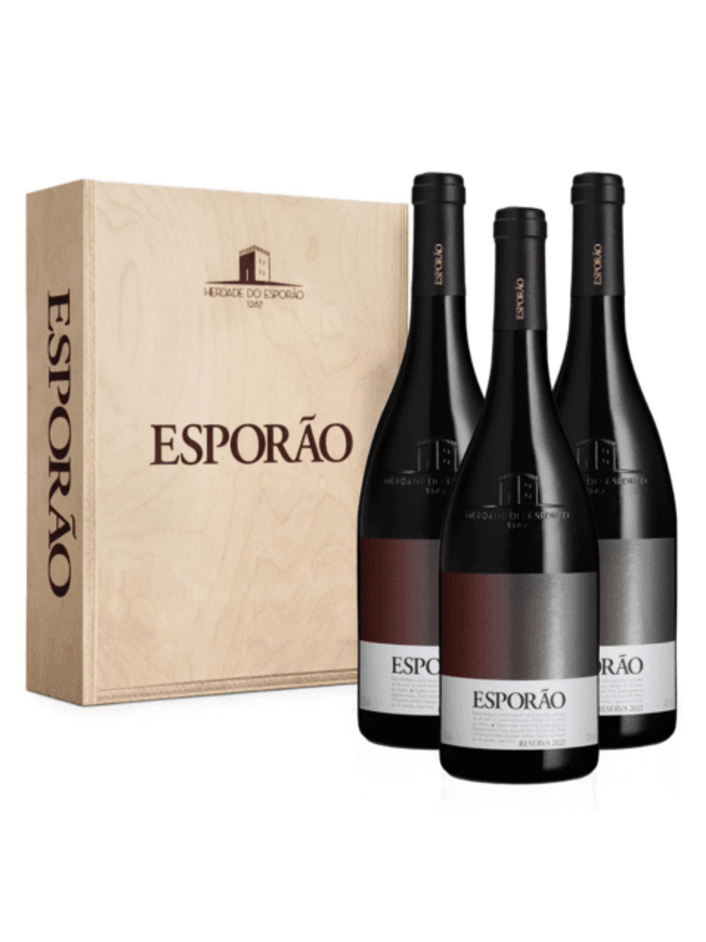 Kit Esporão Reserva Tinto 2022 – 3 garrafas + Caixa de Madeira