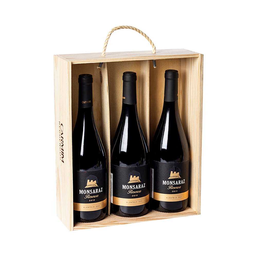 Kit Vinho Tinto Português Carmim Monsaraz Reserva com 3 Garrafas 750 ml em Caixa de Madeira 2022