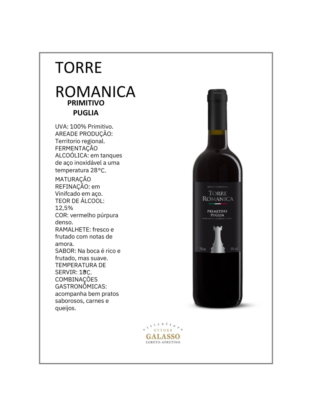 Torre Romanica Primitivo Bodega Ettore Galasso Tinto - Caixa com 6