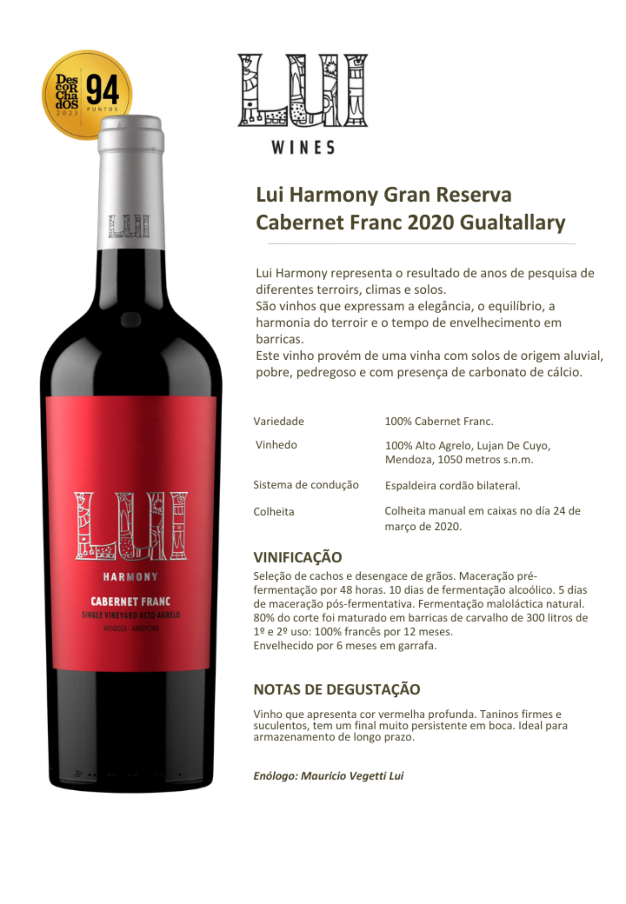 VINHO LUI HARMONY GRAN RESERVA CABERNET FRANC 750 ML